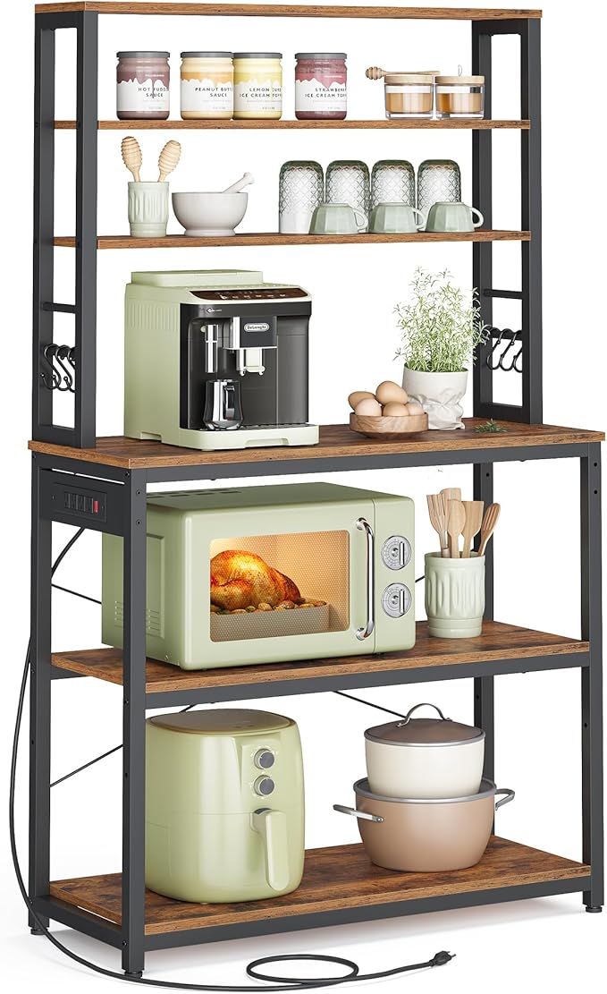 VASAGLE Bakers Rack with Power Outlet, 31.5 Inches Coffee Bar for Kitchen with Storage, 6-Tier Kitchen Shelves with 6 Hooks, Microwave Stand, Industrial, Rustic Brown and Ink Black UKKS119K01