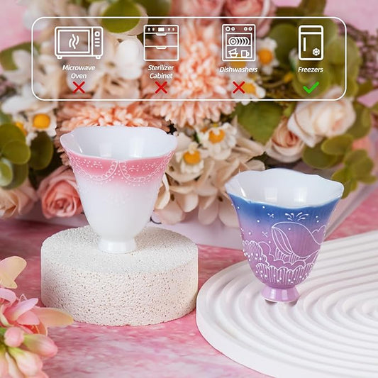KAMMAK Ceramic Tea Cups Small, Cute Vintage Coffee Cup Set of 2, Porcelain Teacups Espresso Mug, 2oz Hand Painted Chinese Afternoon Tea Party Mugs, Birthday Gift for Women Men, Changqing Lingkou