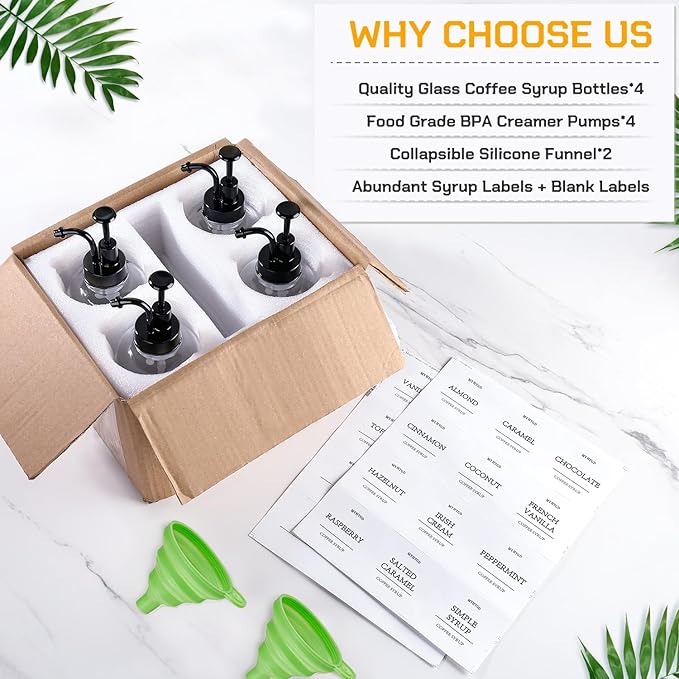 Coffee Bar Accessories, Coffee Syrup Dispenser - 4pack, 16.9oz Syrup Dispenser with Labels, Syrup Pump Dispenser for Coffee Bar - Thumbnail 5