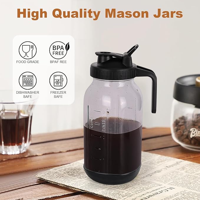 Cold Brew Coffee Maker, 64oz Mason Jar Pitcher with Stainless Steel Filter, Sealed, Leak-Proof Lid with Pour Spout & Handle, Heavy Duty Glass Iced Coffee Tea Brewer with Non-Slip Silicone Base-Black