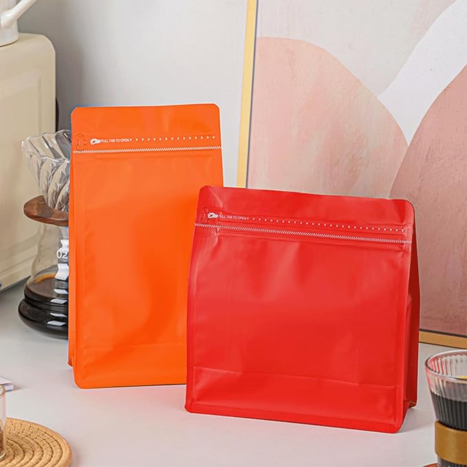 50 Pcs 0.5lb Orange Long Coffee Bean Bags No-Valve, Easy Tear Open & Repeating Sealed Zipper, Heat-Seal Stand Up & Flat Bottom Coffee Bag, 8oz Capacity 5.1x7.8 Inch