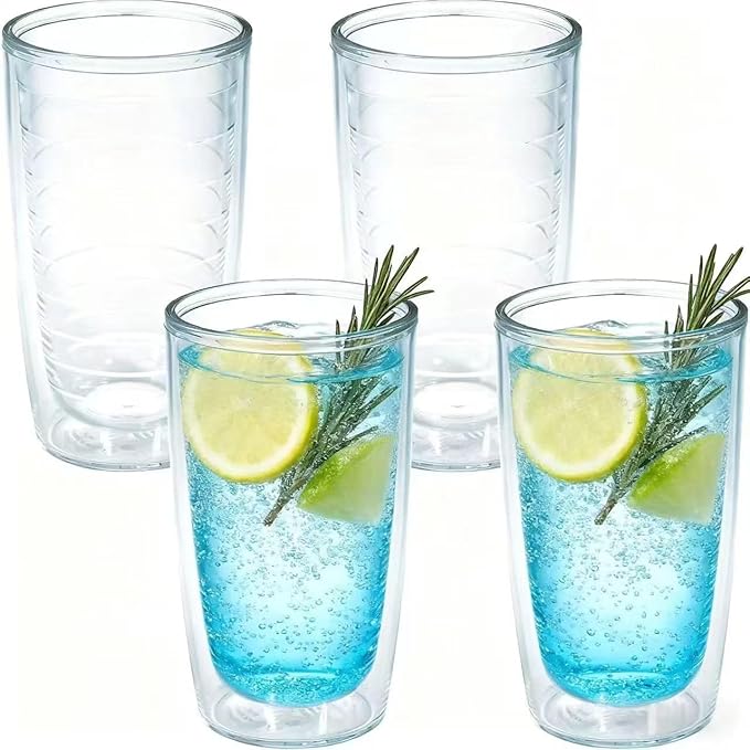 Unbreakable 16oz Tumblers Set of 4 - Plastic Double Wall Insulated Cups, Shatterproof Clear Travel Mugs Keep Drinks Cold & Hot, Reusable BPA-Free for Camping, Party, Office, Home Use (Hand Wash)