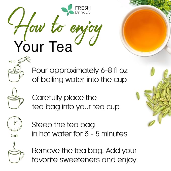 FreshDrinkUS, Premium 135 Fennel Tea Bags, 100% Natural & Pure from Fennel Seeds. Made with Natural Material Tea Bags. No Sugar, No Caffeine, No Gluten, Vegan.