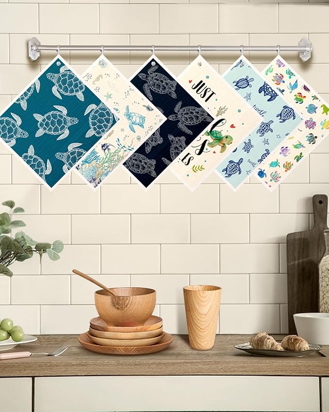 Kitchen Swedish Dishcloths with Hooks - 6 Pack Reusable Dish Cloths for Washing Dishes Fast Drying Cute Fun Swedish Dish Towels Washable Cleaning Sponge, Blue Turtle