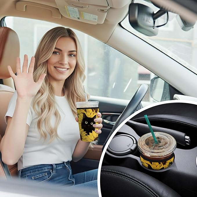 Iced Coffee Sleeve Reusable Cup Sleeves for Cold Drinks Neoprene Koozie Cozy Plastic Cup Covers for Drinks, Sunflower Cat