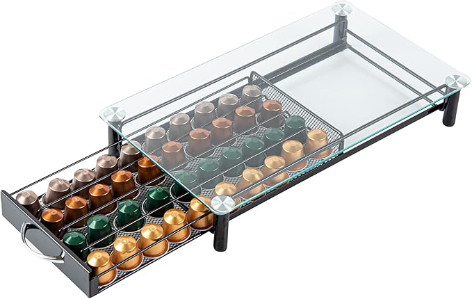 Restaurantware Restpresso 15.9 x 9.3 x 2.8 Inch Coffee Capsule Drawer 1 Heavy-Duty Pod Drawer - Holds 40 Nespresso Capsules Glass Top Iron Espresso Pod Organizer Mesh Tray Pods Not Included