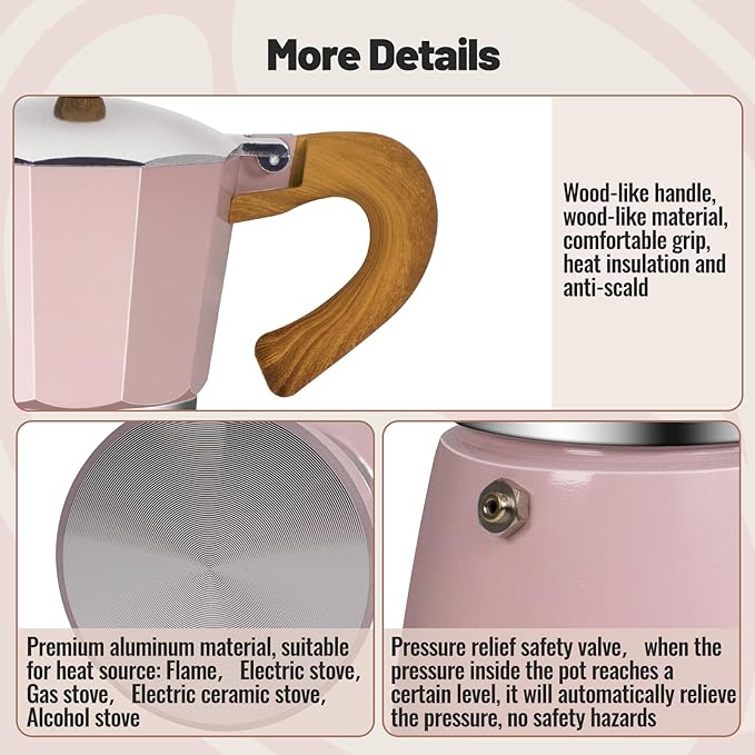 Vaolvpant 6 Cup Aluminum Moka Pot Classic Stovetop Espresso Coffee Maker 300ml 10oz Coffeemaker Percolator Mocha Pot Greca Coffee Maker Cafe Makers for Italian and Cuban Café Brewing Pink