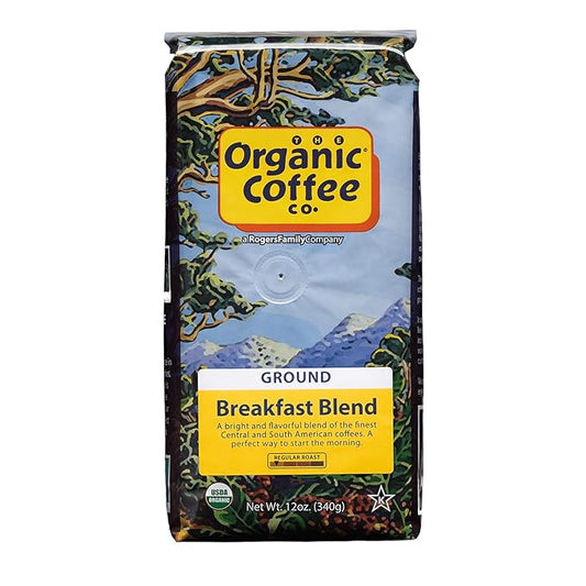 Organic Coffee Co. Breakfast Blend Ground Coffee 12 Ounce Medium Light Roast USDA Organic