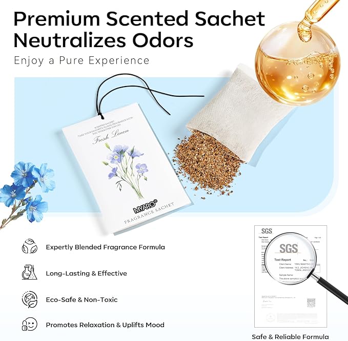 MYARO 12 Packs Linen Scented Sachets for Drawer and Closet, Long Lasting Fresh Scent Air Freshener & Odor Eliminator Home Fragrance Potpourri Bag