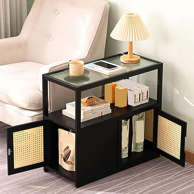 Side Table Glass Top Movable End Table Coffee Station Table, MDF Coffee Bar Stand Cart with Storage Coffee Table on Wheels,for Home Kitchen, Entryway, Living Room,Dining Room(Brown)