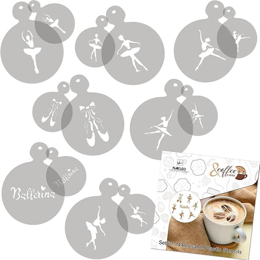 NAKLEO Coffee Stencils and Cookies Decoration 14Pcs 2.8”x2.8” and 4.3”x4.3”, Reusable Plastic Baking Templates, Ballerinas Dancers Ballet, Barista DIY Art Craft, Capuccino Latte Chocolate Cake Biscuit