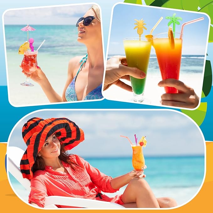 100 Assorted Tropical Swizzle Sticks Bar Cocktail Stirrers Luau Palm Tree Flamingo Fun Reusable Novelty Beverage Cocktail Margarita Tiki Drink Stirring Sticks for Birthday Wedding Party