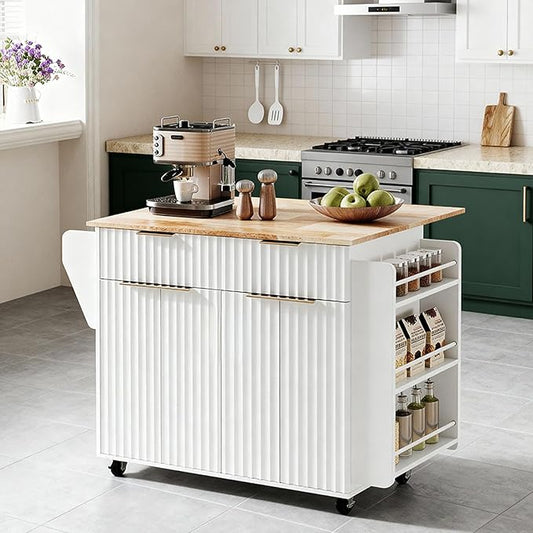VINGLI Fluted Kitchen Island Cart on Wheels with 2 Drawers & 4 Doors, Adjustable Shelves, Towel Rack & Safety Bar Storage, Small Portable Rolling Kitchen Island, White