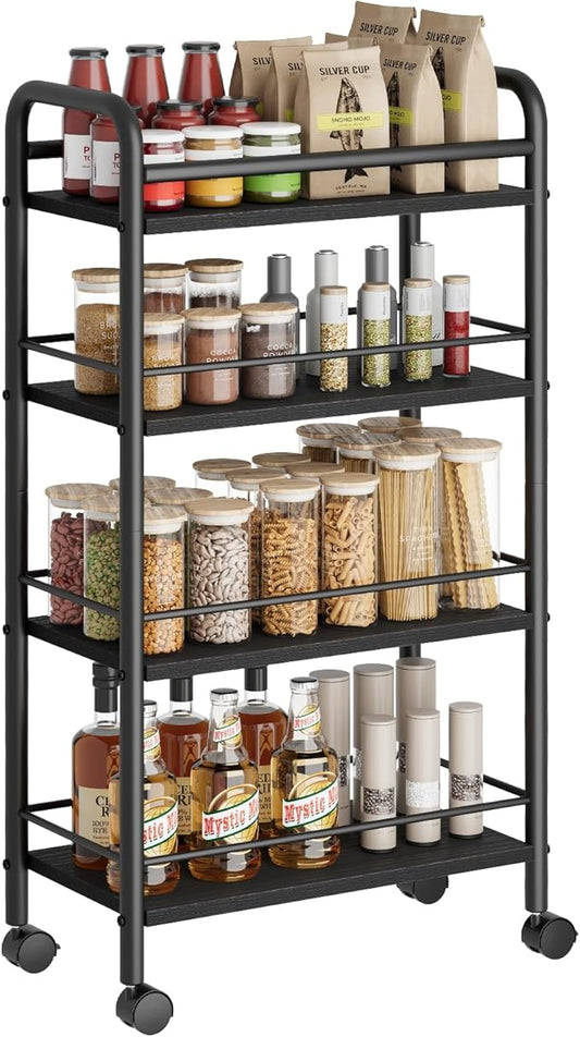 Slim Storage Cart, 4-Tier Small Rolling Cart with Wheels, 9.1" Deep, Narrow Bathroom Shelf Trolley for Kitchen, Bathroom, Laundry Room, Black Large 4-Tier (9.1" W x 33.6" H)