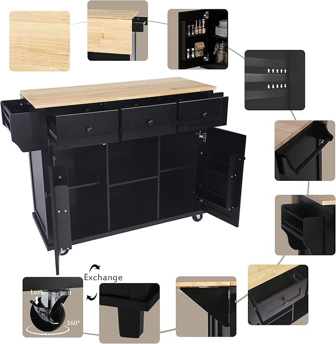 Yayzy Rolling Kitchen Island with Drop Leaf, Cabinet Door Storage Racks & 3 Drawers, Mobile Kitchen Cart with Rubberwood Top & Locking Wheels for Dining Room & Kitchen, 53-Inch, Black