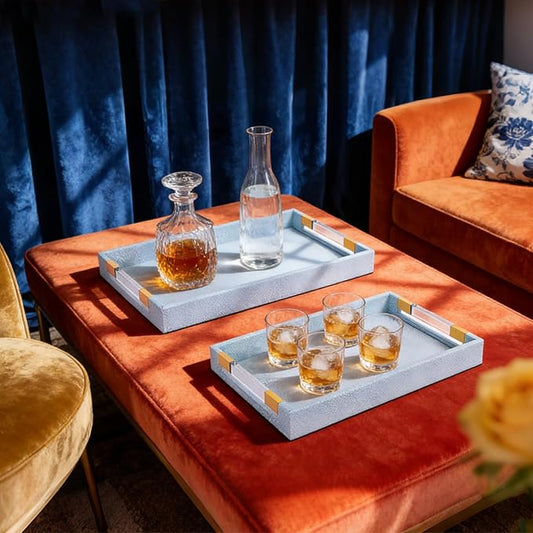 2 Pack Large Ottoman Tray Shagreen Decorative Tray Serving Tray with Acrylic Gold Handles, Ice Blue Vegan Leather Coffee Table Tray for All Occations Home Decor
