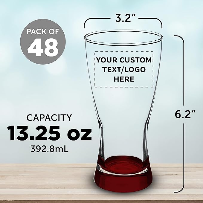 Custom Pilsner Glasses 13.25 oz. Set of 48, Personalized Bulk Pack - Made in the USA, Perfect for Hotels, Restaurants, Bars and Even Party Favors - Red