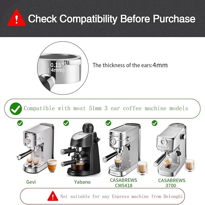 51mm Bottomless Portafilter Compatible for Cappuccino Machine and Mr.Coffee Espresso,CASABREWS Espresso Machine (CM5418, 3700 series),3 ears with Prongs Thickness 4mm Comes with filter basket