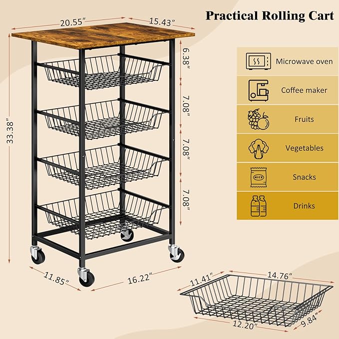 Kitchen Microwave Cart with Fruit Baskets, 5 Tier Microwave Table Stand with Fruit Vegetable Storage Small Rolling Cart on Wheels, Floor Organizers and Storage for Pantry Kitchen, Living Room