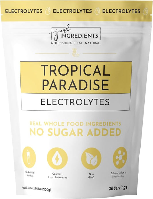 JUST INGREDIENTS Tropical Paradise Electrolytes Drink Mix - Coconut Water, Sea Salt, Trace Minerals - 30 Servings