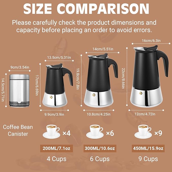 Suiitat Moka Pot, 6 Cups (10.6 oz) Stovetop Espresso Maker, 304 Stainless Steel Moka Pot, Induction Compatible, Black