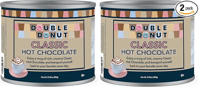 Double Donut Coffee Classic Bulk Hot Chocolate Mix, Rich Hot Cocoa 12 Ounce Canister, Hot Chocolate Powder (Pack of 2)