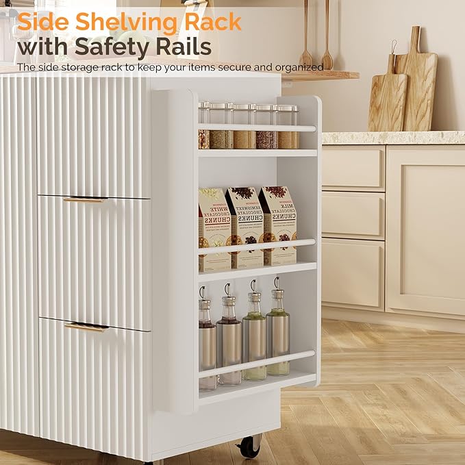VINGLI Fluted Kitchen Island Cart on Wheels with Storage, Folding Rolling Kitchen Island with Drawers, Small Portable Island Table with Extendable Rubber Wood Top, White