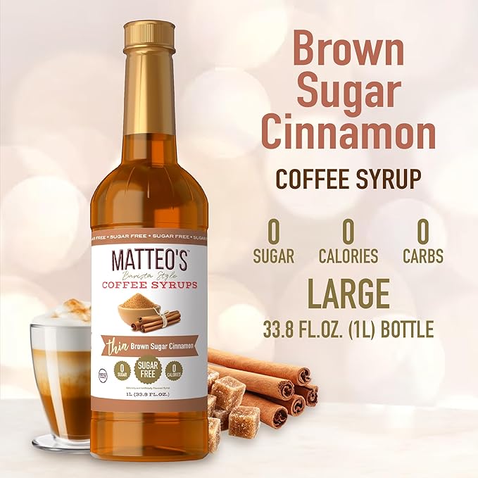 Matteo's Brown Sugar Cinnamon Syrup for Coffee, Lattes, Cappuccinos & Desserts – Sugar-Free Sweetener for Beverages, Keto Friendly, Zero Calories, Indulgent Flavor, Non-Alcoholic, 33.8oz (6pk)