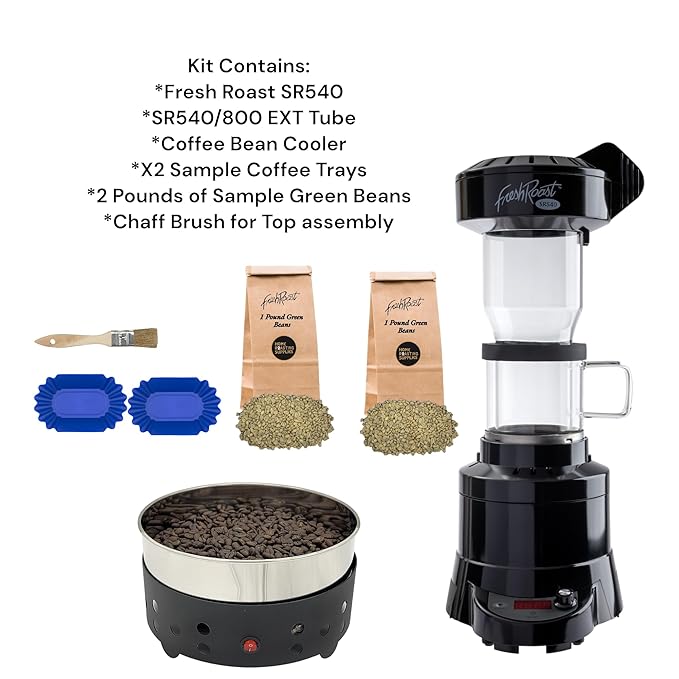 Fresh Roast Coffee Roaster Bundle, SR540, Glass Extension Tube, Coffee Bean Cooler, (2 Lbs) Sample Packs of Green Beans, (2-pack) Sample trays, Chaff Brush