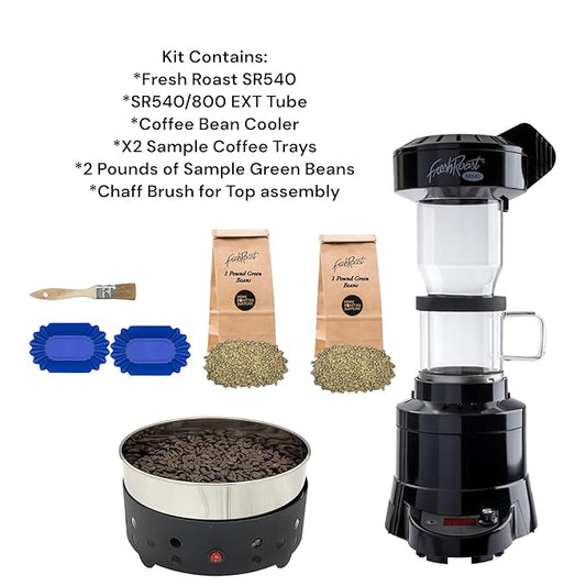 Fresh Roast Coffee Roaster Bundle, SR540, Glass Extension Tube, Coffee Bean Cooler, (2 Lbs) Sample Packs of Green Beans, (2-pack) Sample trays, Chaff Brush