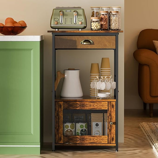 X-cosrack Coffee Bar Station, 3-Tier Small Coffee Stand Station with Storage, Farmhouse-Style Kitchen Microwave Stand Featuring 1-Door Cabinet Ideal for Living Room, Entryway, Kitchen