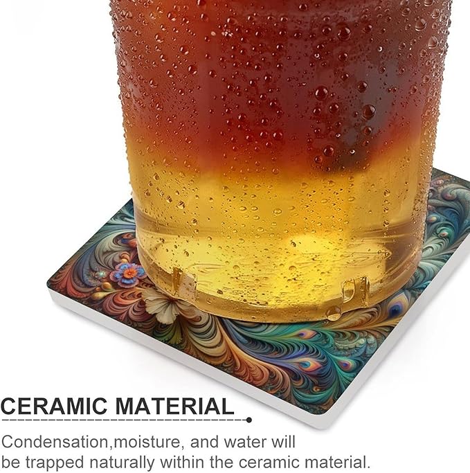 Square-4PCS Peacock Drink Coasters, Square Modern Ceramic Absorbent Coasters, Beautiful Colorful Floral Peacock Art Pattren Decor Desk Coffee Table Coaster for Beverage Cup Tea Coasters