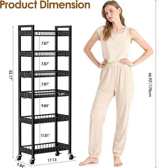 6 Tier Slim Storage Cart, Narrow Rolling Cart with Wheels, Narrow Mobile Utility Shelf Unit Organizer for Kitchen, Bathroom, Laundry Room, Living Room, Small Places, 10in(W), Black