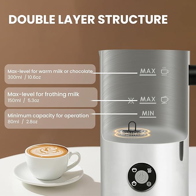 Milk Frother, 4-in-1 Milk Frother and Steamer, 10.6oz Electric Milk Steamer, Automatic Cold and Hot Foam maker for Lattes, Cappuccinos, Ceramic Lining Interior (Polished)
