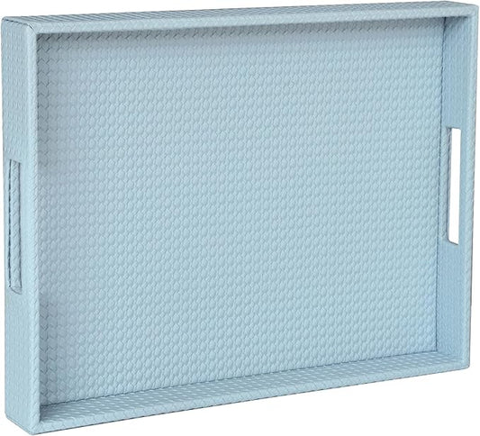 HofferRuffer Rectangle Serving Tray with Hole Handles for Coffee Table, Breakfast, Tea, Food, Butler - Countertop, Kitchen, Vanity Serve Tray, 16.2 x 12.2 x 2 inches, Faux Leather (LightBlue)