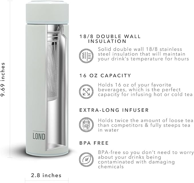 London Sip 16.9 oz Multi-Purpose Tea Infuser Mug – Fruit Infuser Water Bottle for Hot and Cold – Double Wall Stainless Steel Insulated, Pearl White