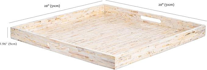 PEMAR Extra Large 20" Square Mother of Pearl Ottoman Tray with Insert Handles, Oversized Decorative Luxury Wooden Serving Tray for Food, Coffee Table, Breakfast in Bed (White Cream)
