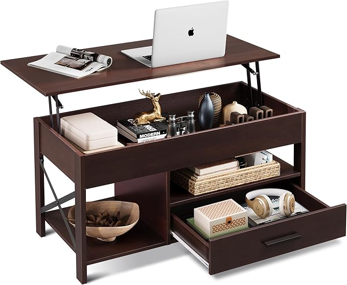 WLIVE Lift Top Coffee Table, 39" Coffee Table with Storage Drawers, Hidden Compartment, Wooden Lift Tabletop Center Table for Living Room, Home, Rustic Oak