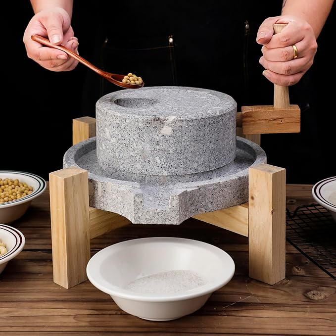 Artisanal Natural Stone Grain Mill (Solid Wood Base) - Household Grinder for Wheat/Spices & Coffee Beans, Ideal for Breads & Tortillas (9.84x13.8Inches)