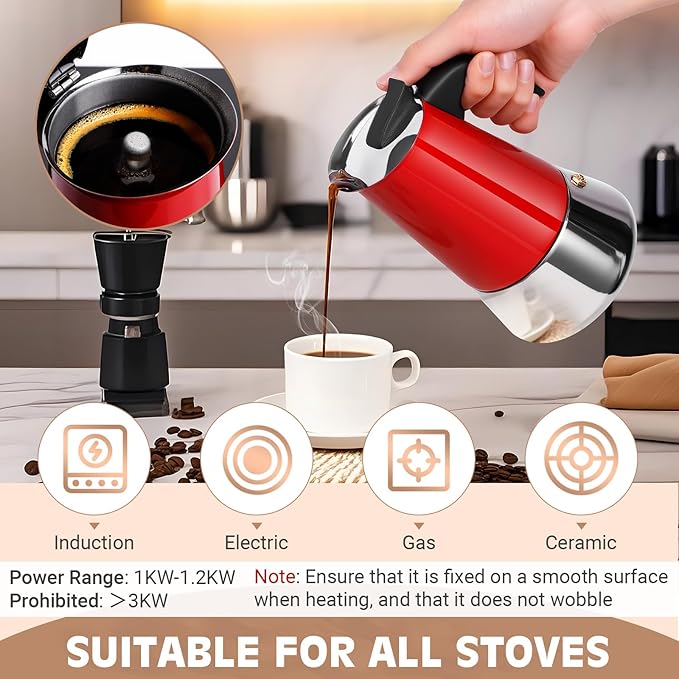 Suiitat Moka Pot, 6 Cups (10.6 oz) Stovetop Espresso Maker, 304 Stainless Steel Moka Pot, Induction Compatible, Red