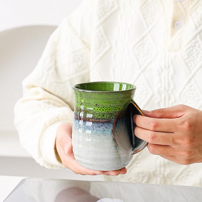 Mkour 21oz Large Ceramic Coffee Mugs, Handmade Tea Cups with Comfortable Handle for Office and Home, Microwave and Dishwasher Safe (Light Green)
