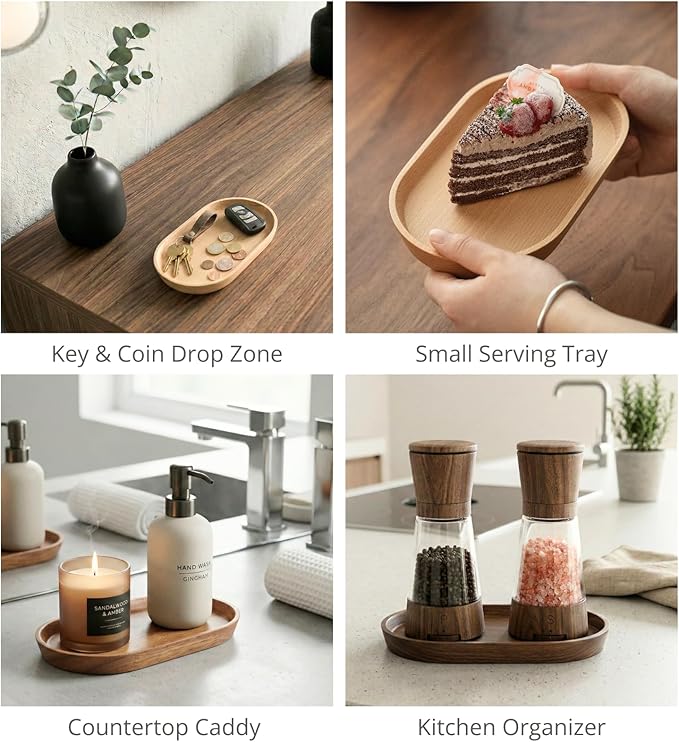 Mini Serving Trays for Parties, Small Decorative Tray for Tea＆Coffee, Oval Wooden Plates for Serving Food for Appetizer＆Vegetables for Bathroom 7.8"×4.6" (Acacia, Set of 2)
