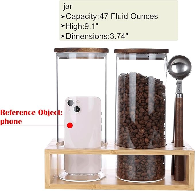 KKC HOME ACCENTS Clear Glass Food Storage Canisters with Airtight Wooden Lids and Scoops,Air Tight Sealed Glass Canisters with Spoons for Ground Coffee and Beans,Loose Tea,Flour,Sugar,47 Fl oz