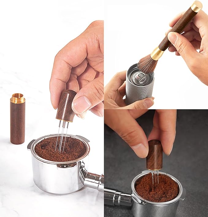 Becho Espresso Distribution Tool With Natural Wooden Storage Tube,8 Needles Ground Coffee Stirrer Tool Portable Coffee Stirrer for Home Kitchen Cafe (Rosewood)