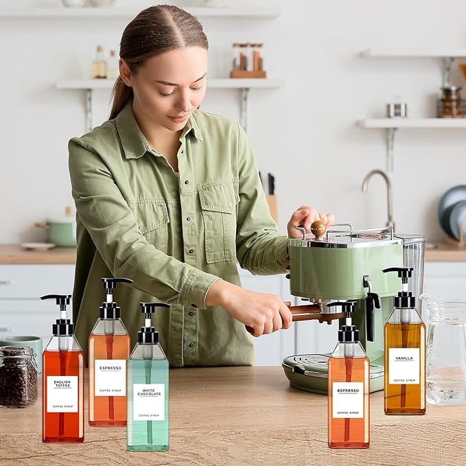 Nuogo 6 Pcs Coffee Syrup Dispenser Set 750ml, 500ml, 300ml, 150ml Pet Black Syrup Bottles with Pump Dispenser 27 Labels for Coffee Bar Kitchen Accessories Portable Travel(25.4 oz,Prismatic)