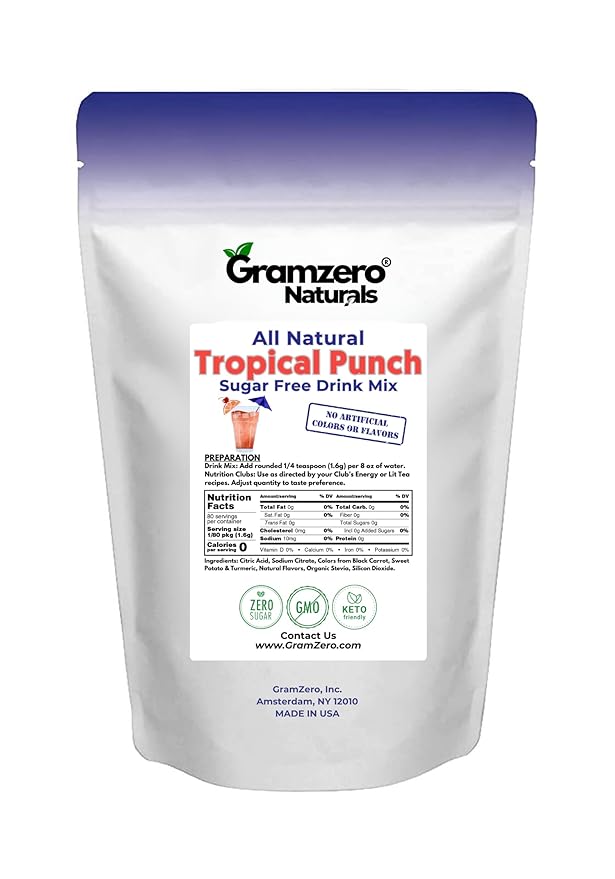 GramZero All Natural Tropical Punch Zero Calorie Sugar Free Drink Mix, Great For Nutrition Club Loaded Tea, Stevia Sweetened