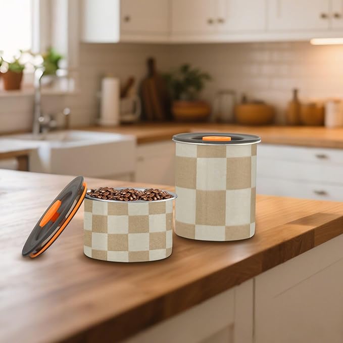 Checkered Beige Coffee Canister 17oz Stainless Steel Airtight Food Storage Container with Lid for Beans/Cereal Preserval