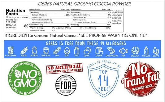 Gerbs Natural Cocoa Powder 2 lbs. | 10-12% Cocoa Butter Fat, Resealable Bag | Classic Unsweetened Cocoa | Top 14 Allergen-Free
