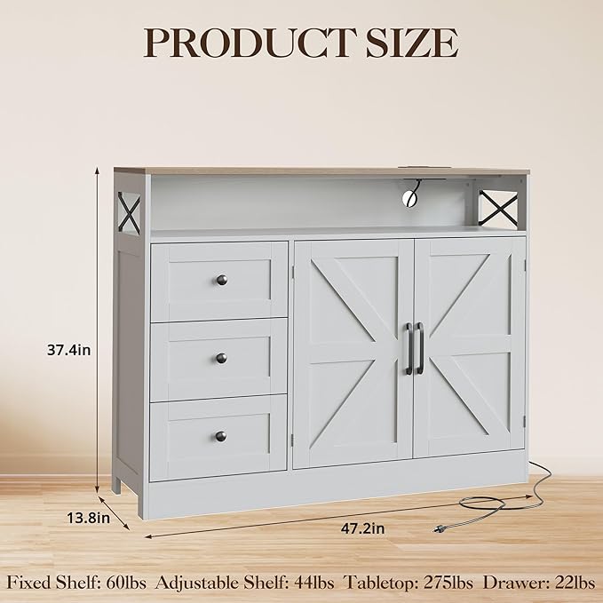 GAOMON 51Inch Sideboard Buffet Cabinet, Wood Rustic Coffee Bar Large Buffet Storage Cabinet with Drawers and Power Outlets Shelves Doors for Dining Kitchen Living Room, White