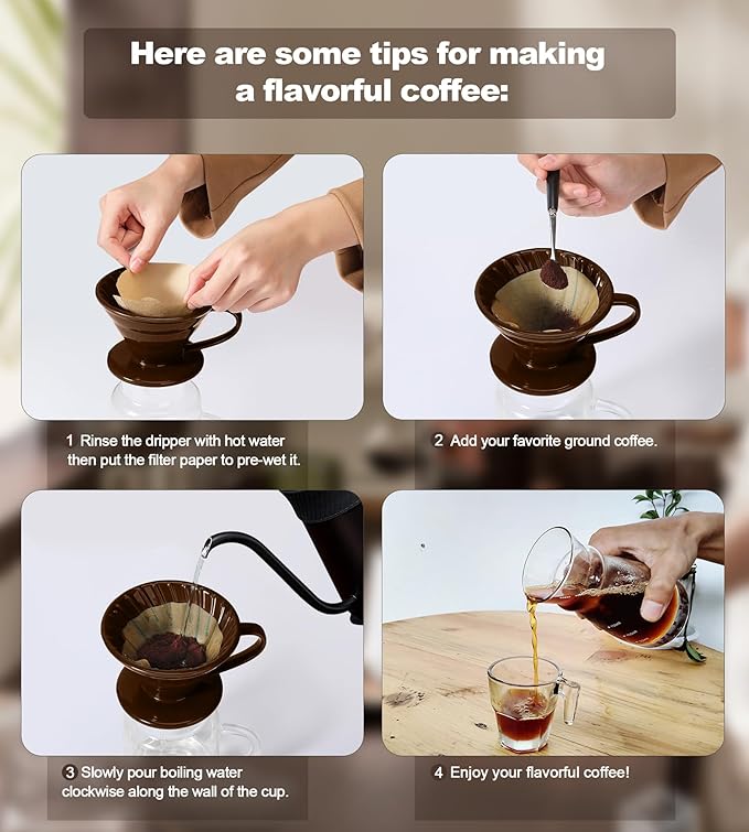 Pour Over Coffee Dripper - Ceramic Cup, Pour Over Coffee Maker Cone, Porcelain Cone, Easy Manual Brew Maker - Strong Flavor Brewer for Home, Cafe, Office - 1-4Cup, V60 Size 02 (Brown)